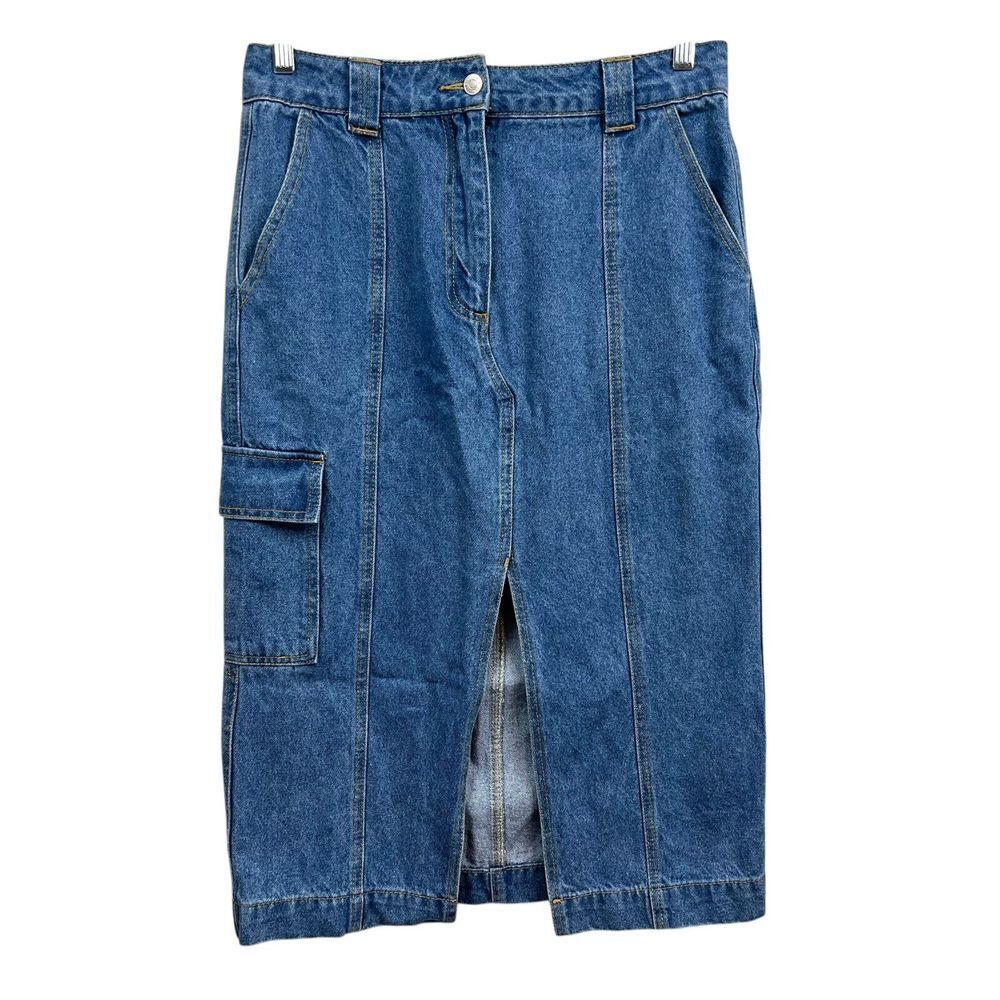 Forever 21 Women Long Denim Skirt Cargo Pocket Front Slit Zip Blue Wash Sz L*